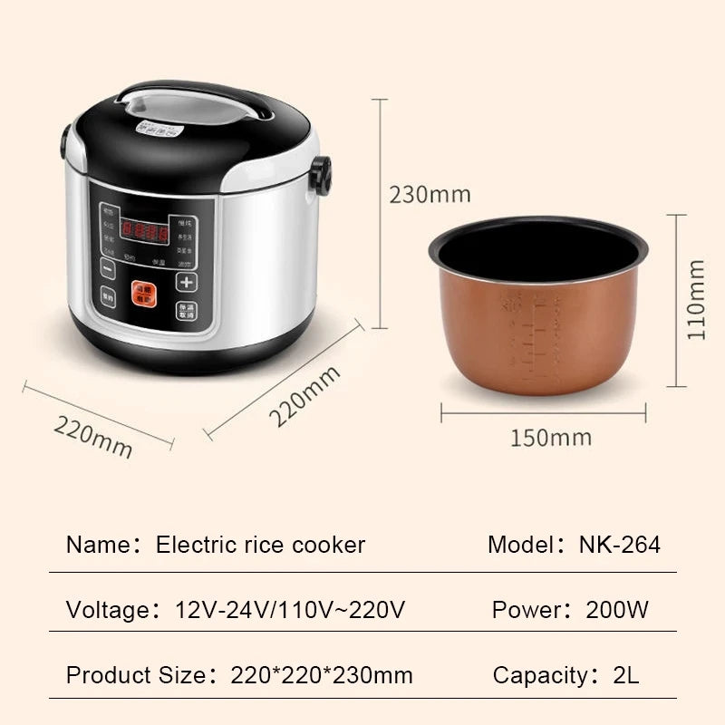 2L Electric Rice Cooker for Car Truck Home 12V/24V Multicooker Soup Porridge Food Steamer Lunch Box