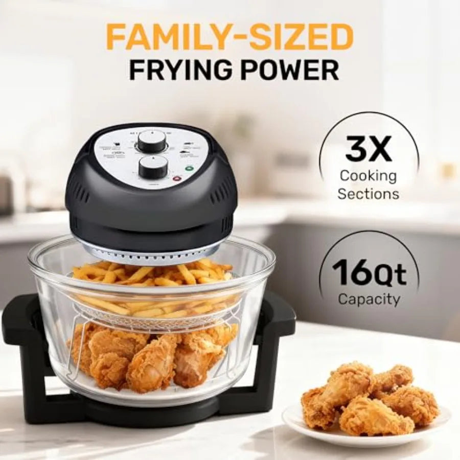 16Qt Large Glass Air Fryer Non Toxic Family Sized Halogen Oven Cooker with 3 Cooking Sections Stainless Steel Racks for French