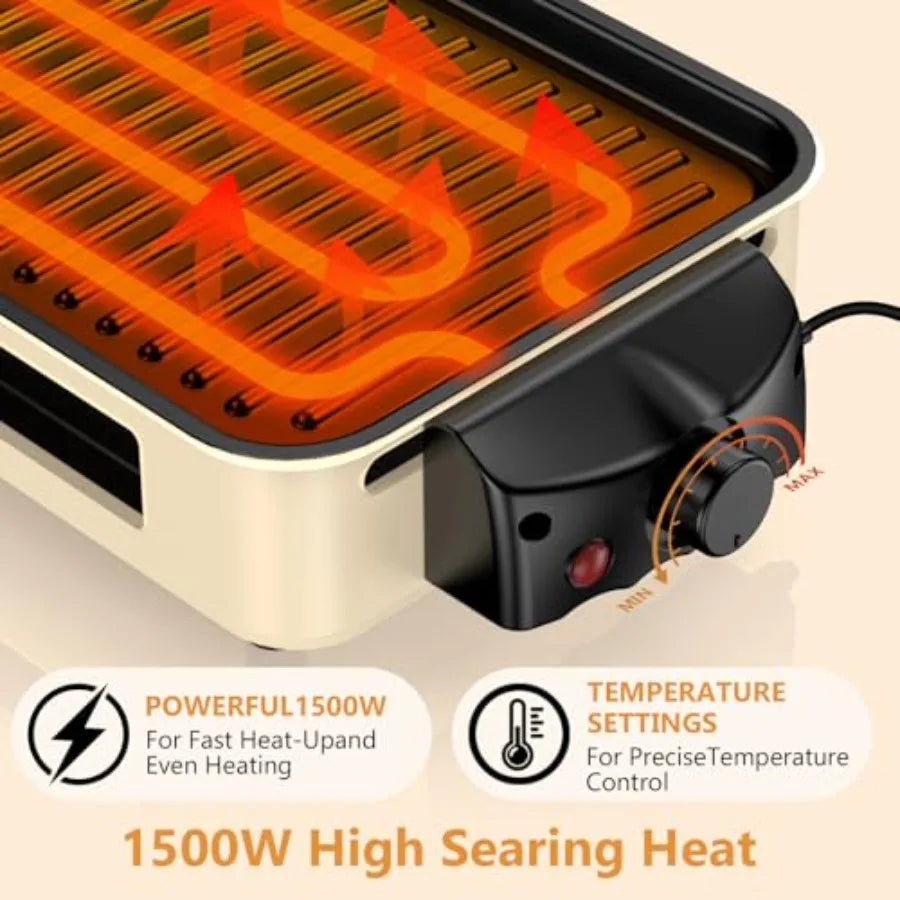Electric Indoor Grill 1500W 2-in-1 Smokeless Kitchen Grill with Non-stick Removable Plates Temperature Control for Korean BBQ B