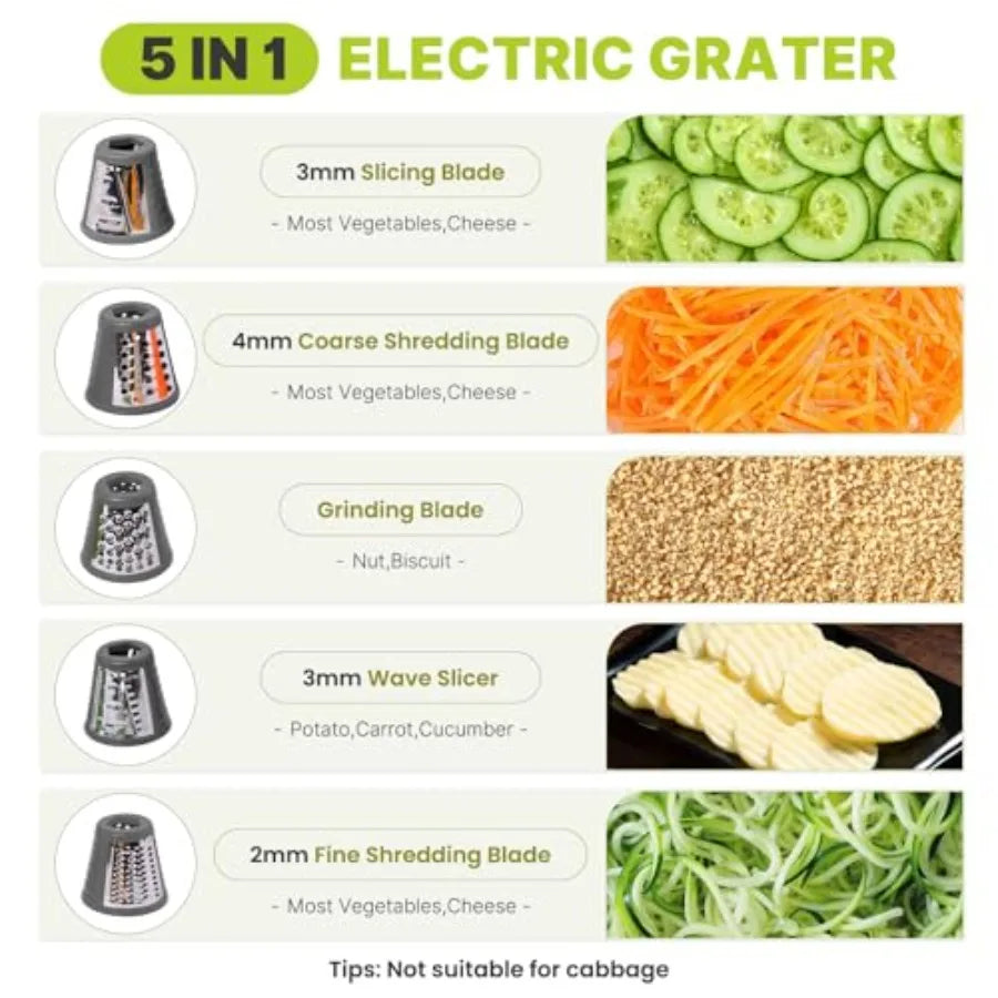 5 in 1 Electric Cheese Grater for Block Cheese Kitchen Automatic Cheese Shredder Salad Shooter Easy to Clean Vegetable Chopper
