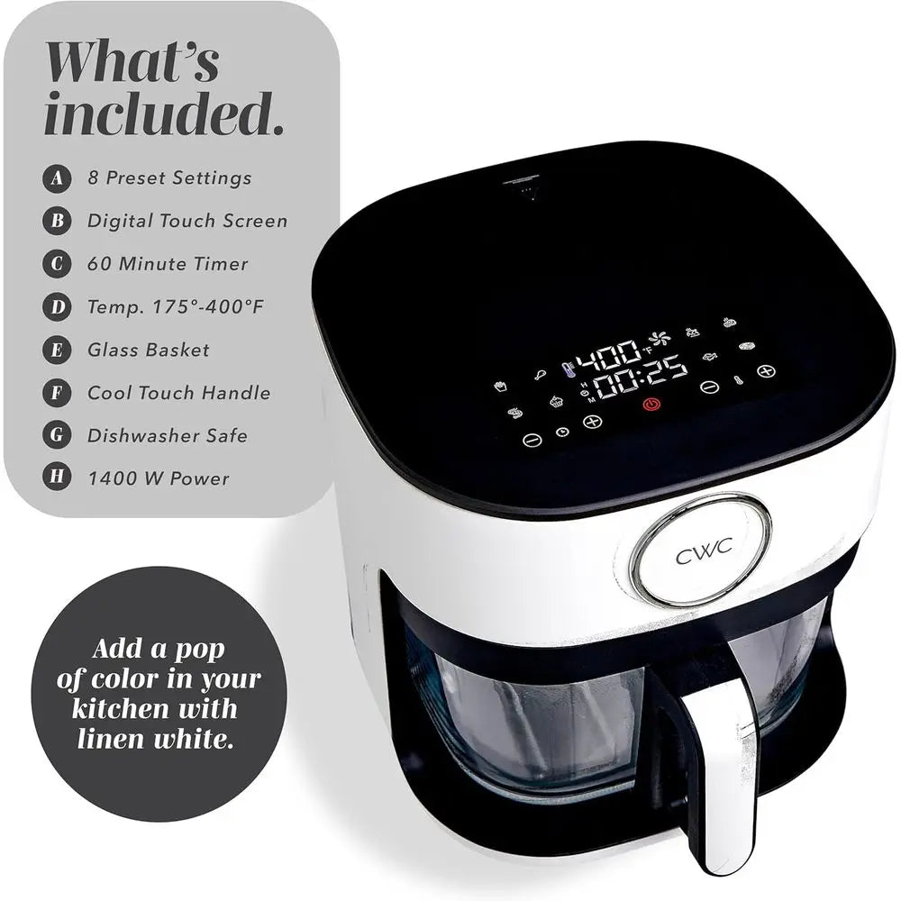 Digital Air Fryer 1400W, 5.5Qt Glass Basket, 8 Cooking Modes, Bake, Fry, Reheat, 60-Min Timer, 175°F-400°F Adjustable Temp, Line