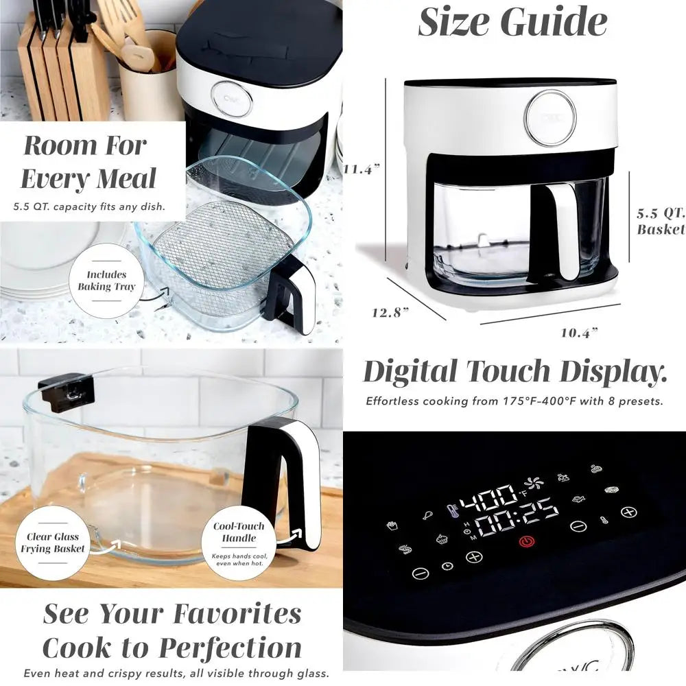 Digital Air Fryer 1400W, 5.5Qt Glass Basket, 8 Cooking Modes, Bake, Fry, Reheat, 60-Min Timer, 175°F-400°F Adjustable Temp, Line