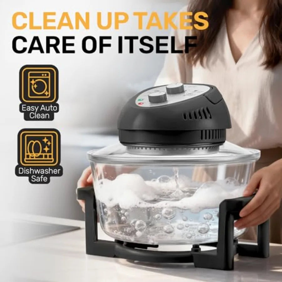 16Qt Large Glass Air Fryer Non Toxic Family Sized Halogen Oven Cooker with 3 Cooking Sections Stainless Steel Racks for French