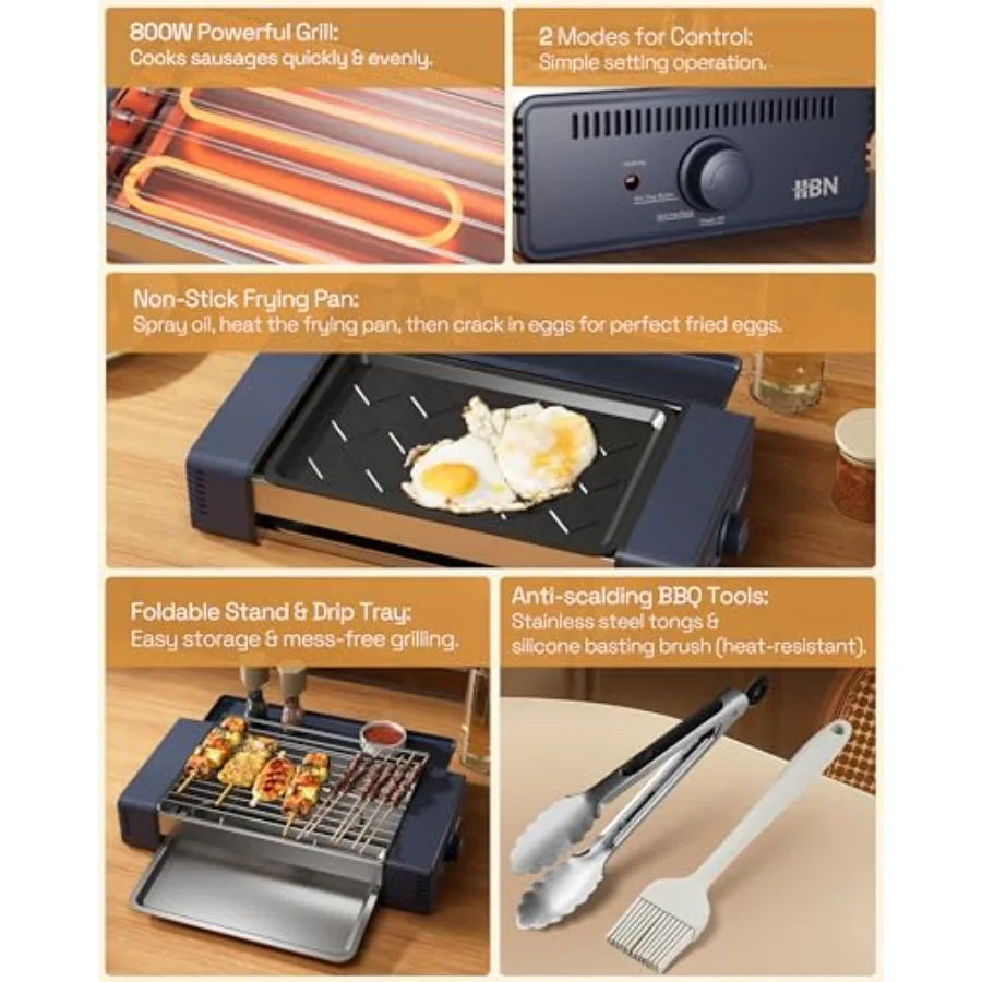 3-in-1 Hot Dog Roller Grill Machine with Nonstick Plate Grill Rack 800W Compact Indoor Electric Sausage Griller for Kitchen Hom