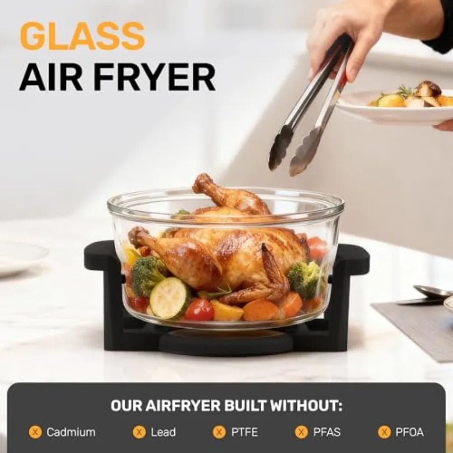 16Qt Large Glass Air Fryer Non Toxic Family Sized Halogen Oven Cooker with 3 Cooking Sections Stainless Steel Racks for French