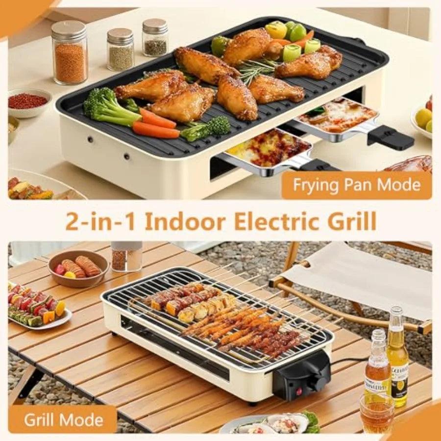 Electric Indoor Grill 1500W 2-in-1 Smokeless Kitchen Grill with Non-stick Removable Plates Temperature Control for Korean BBQ B