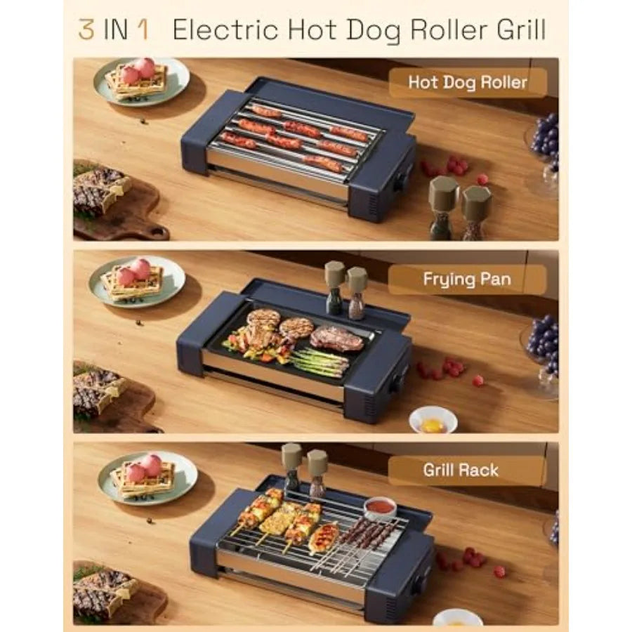 3-in-1 Hot Dog Roller Grill Machine with Nonstick Plate Grill Rack 800W Compact Indoor Electric Sausage Griller for Kitchen Hom
