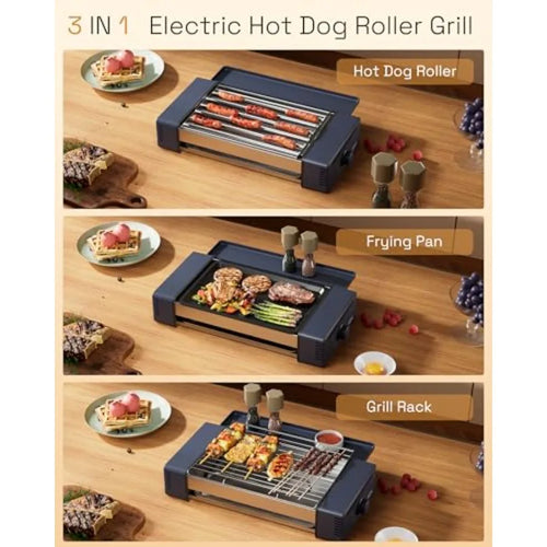 3-in-1 Hot Dog Roller Grill Machine with Nonstick Plate Grill Rack 800W Compact Indoor Electric Sausage Griller for Kitchen Hom