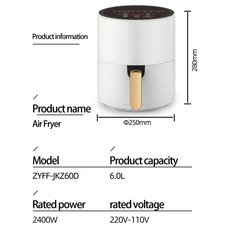 6L Large Air Fryer,Multifunction Digital Air Fryer Without Oil Electric Oven, Dehydrator, Air Fryer with LED Touch Panel