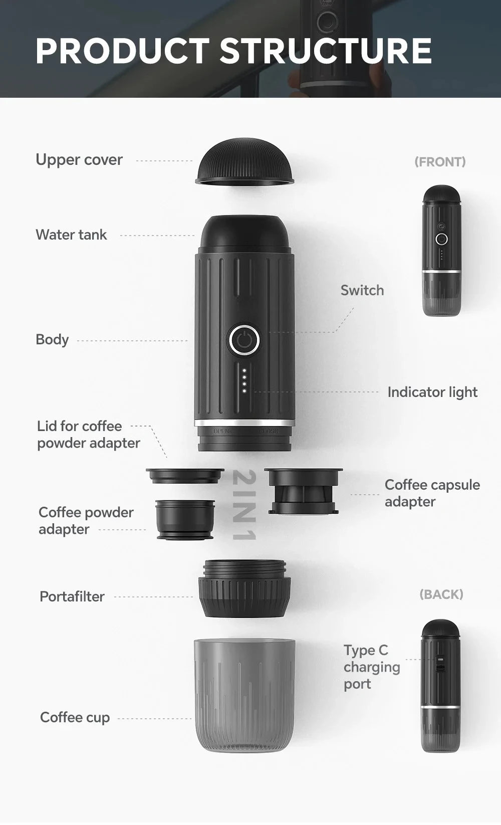 Wireless Portable Heating Espresso Machine Coffee Maker Rechargeable Concentrated Extraction Coffee Machine for Travel Office