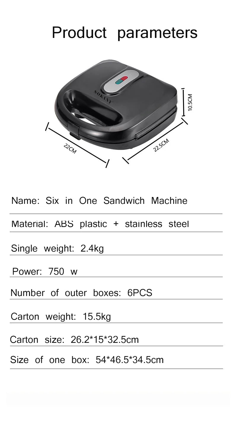 Six in One Sandwich Maker Nonstick Surface Double Side Heating Kitchen Appliances Breakfast Waffles Machine