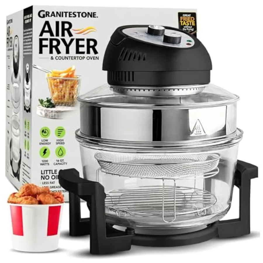 16Qt Large Glass Air Fryer Non Toxic Family Sized Halogen Oven Cooker with 3 Cooking Sections Stainless Steel Racks for French
