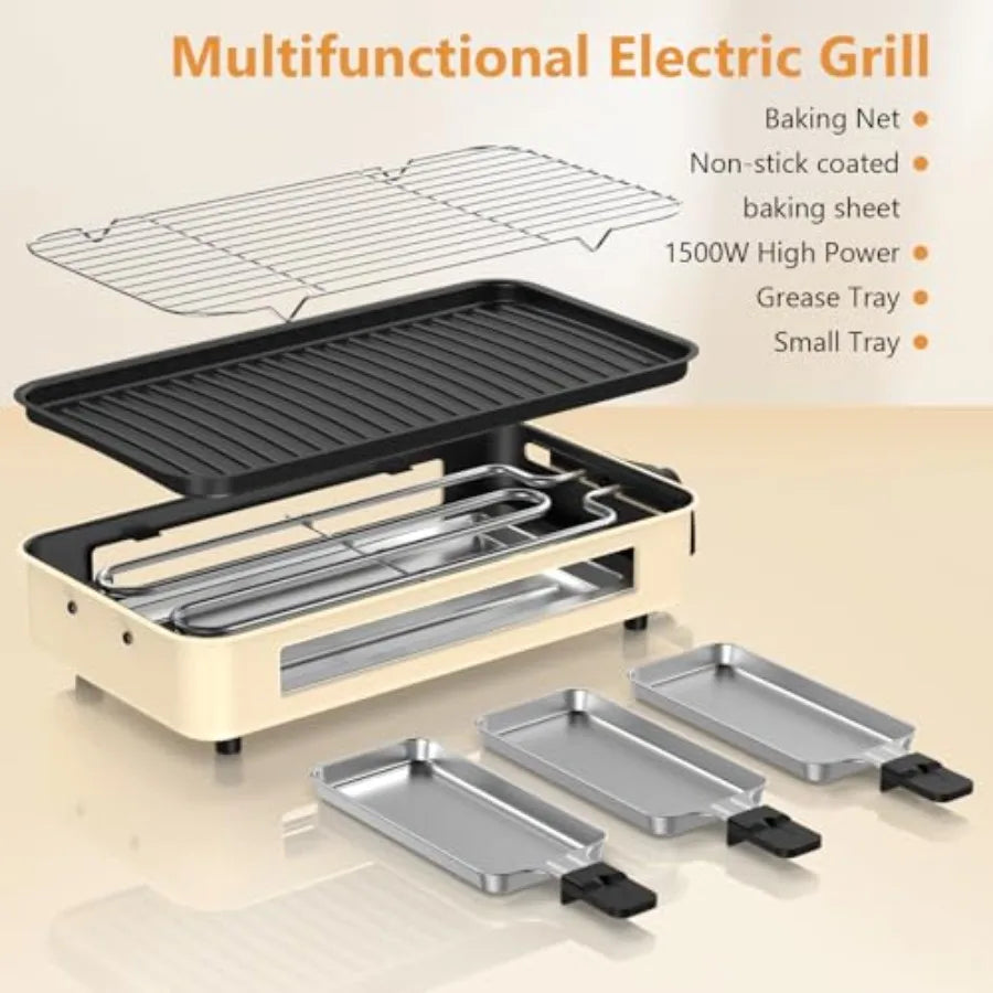 Electric Indoor Grill 1500W 2-in-1 Smokeless Kitchen Grill with Non-stick Removable Plates Temperature Control for Korean BBQ B