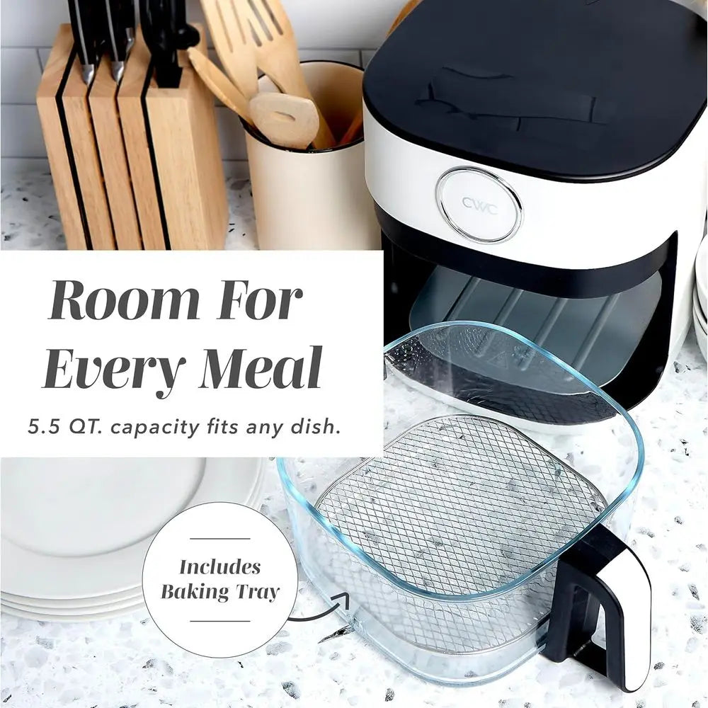 Digital Air Fryer 1400W, 5.5Qt Glass Basket, 8 Cooking Modes, Bake, Fry, Reheat, 60-Min Timer, 175°F-400°F Adjustable Temp, Line